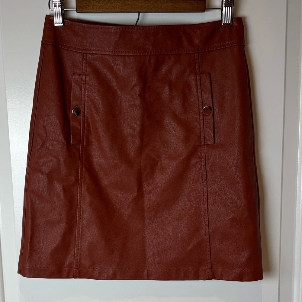LOFT Faux Leather Mini Skirt Sz 0 Cognac Brown Lined Fall Classic